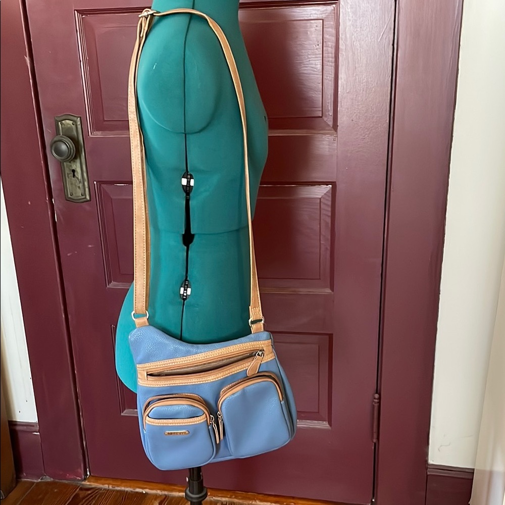 Stylish Blue and Tan Crossbody Bag